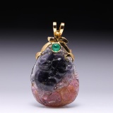 Chinese Carved Bicolor Tourmaline Pendant with 18k Yellow Gold & Emerald Mount