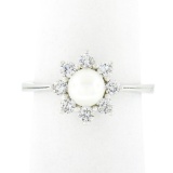 NEW Classic 18k White Gold 5.25mm Pearl 0.40 ctw Round Diamond Flower Cluster Ri