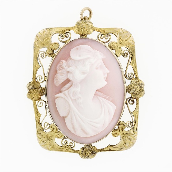 Antique Victorian 10k Gold Carved Pink Shell Cameo Brooch Pendant w/ Open Frame