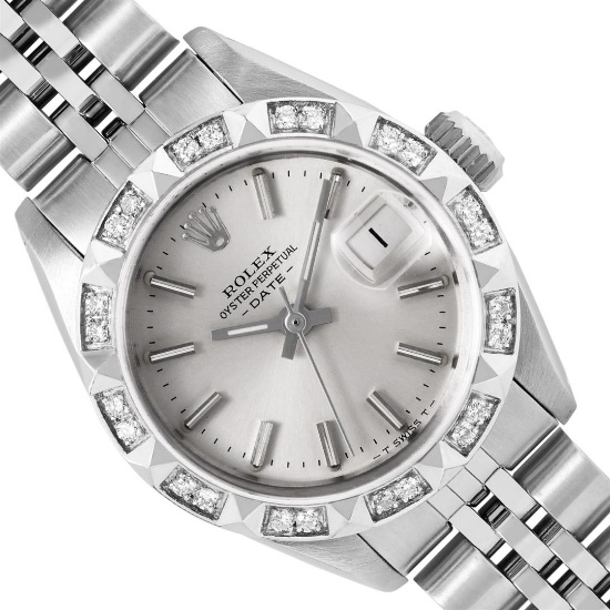 Rolex Ladies Stainless Steel Silver Index Dial 18K White Gold Pyramid Diamond Be