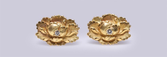 Pair of 18K Yellow Gold & Diamond Chrysanthemum Earrings by R.L. Kay