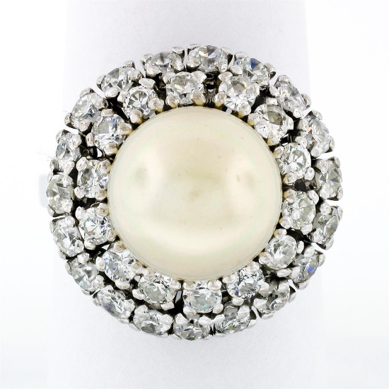 Vintage 18K White Gold Large Golden Pearl 2.10 ctw Tiered Double Diamond Halo Ri