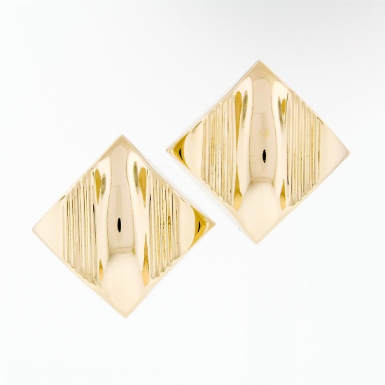 Large 14K Yellow Gold Puffed Geometric Button Earrings w/ Grooved & Concave Top