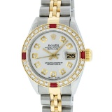 Rolex Ladies Two Tone 18K Yellow Gold And Steel Silver Diamond And Ruby Quickset