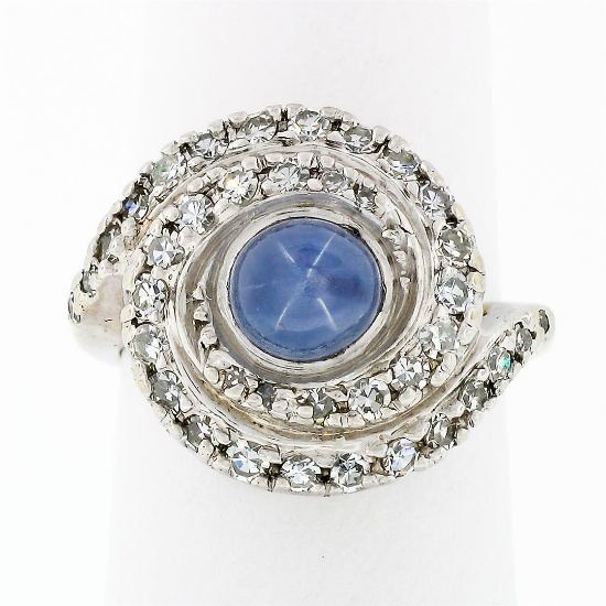 Vintage 14k White Gold 2.29 ctw Bezel Blue Star Sapphire Round Diamond Swirl Rin