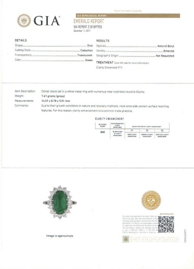 French 18K Gold Platinum 6.21 ctw GIA Cabochon Emerald Diamond Halo Cocktail Rin