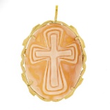 Vintage 18k Gold Cross Carved Oval Shell Cameo Polished Frame Brooch Pin Pendant