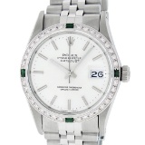 Rolex Mens Stainless Steel Silver Index Diamond And Emerald Bezel 36MM Datejust
