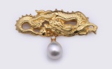 18K Yellow Gold Pearl & Diamond Brooch Cast from Japanese Menuki by R.L. Kay
