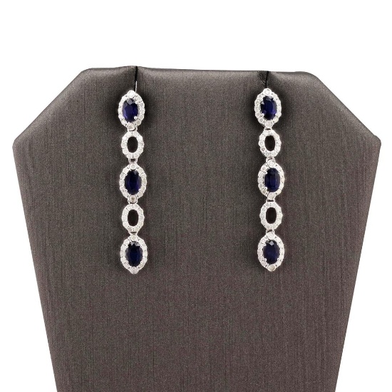 3.17 ctw Blue Sapphire and 1.42 ctw Diamond 14K White Gold Earrings