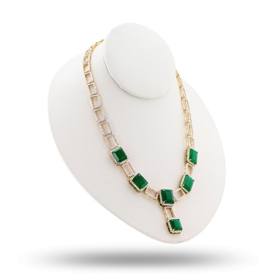 36.96 ctw Emerald and 10.49 ctw Diamond 18K Yellow Gold Necklace