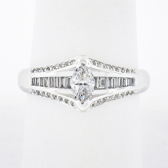 14k White Gold 1.37 ctw Marquise Solitaire Baguette Round Diamond Engagement Rin