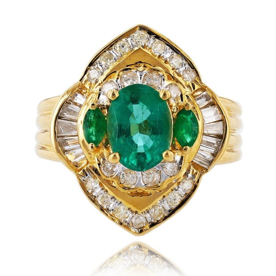 1.02 ctw Emerald and 0.57 ctw Diamond 18K Yellow Gold Ring