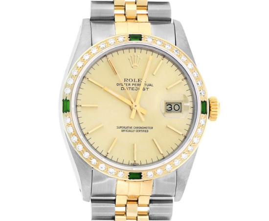 Rolex Mens 14K Yellow Gold And Stainless Steel Champagne Index Dial Diamond And
