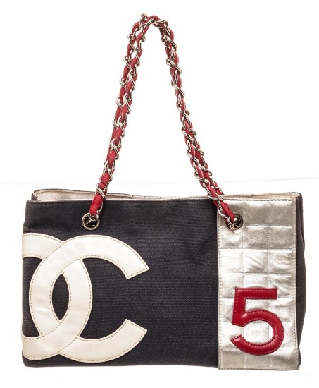 Chanel Black White Denim CC Shopper Tote Bag