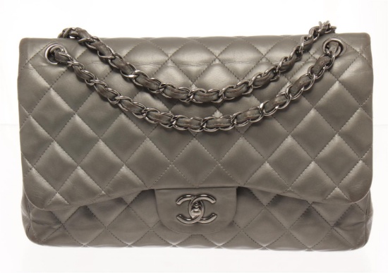 Chanel Grey Leather Large Double Flap Shoulder Bag