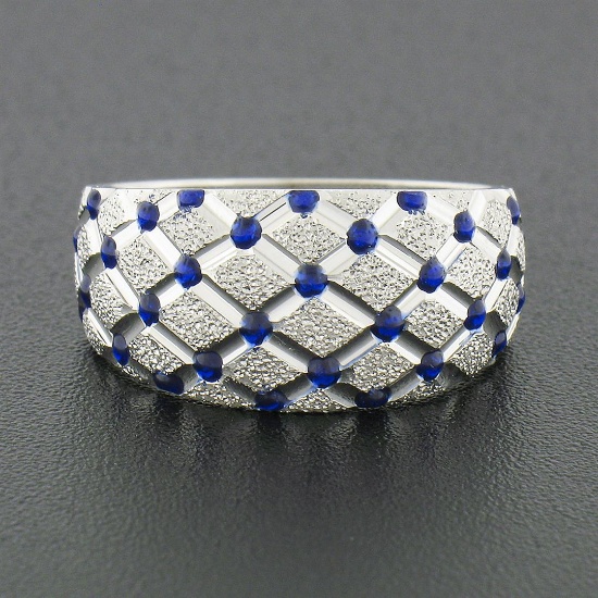 14k White Gold Royal Blue Enamel Dot Tufted Grid w/ Dual Finish Wide Band Ring