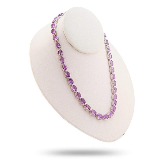 55.00 ctw Amethyst and 0.27 ctw Diamond Platinum Over Silver Necklace