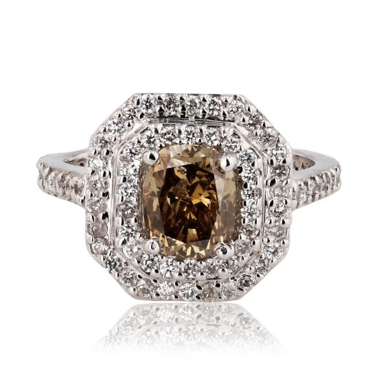1.57 ctw Fancy Dark Yellowish Brown CENTER Diamond 14K White Gold Ring (2.31 ctw