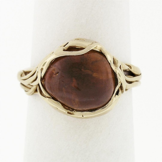 Vintage 14k Gold Free Form Natural Semi Oval Cabochon Amber Solitaire Ring Sz 6