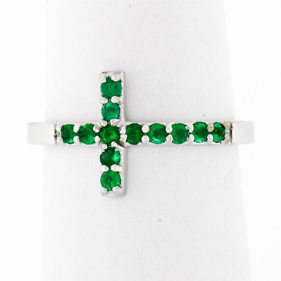 NEW 14k White Gold 0.25 ctw Round Green Emerald Curved Sideways Cross Band Ring