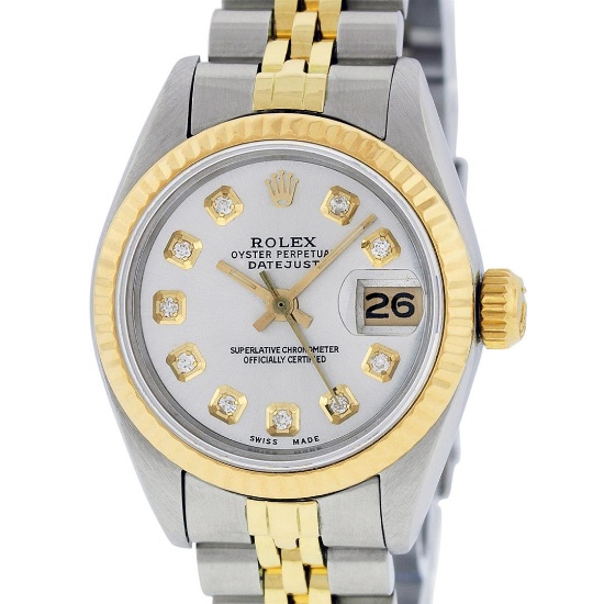 Rolex Ladies Two Tone 18K Yellow Gold And Steel Silver Diamond Quickset Datejust