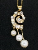Vintage 14K Yellow Gold Round Pearl & .20 ctw Diamond Spiral 16