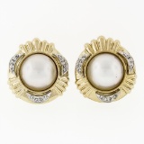 Large 14k Yellow Gold 13.9mm Mabe Pearl & 0.12 ctw Round Diamond Button Earrings