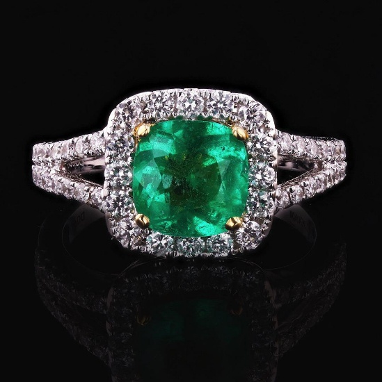 1.35 ctw Emerald and 0.62 ctw Diamond 18K White Gold Ring