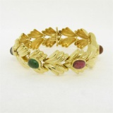 14k Yellow Gold 6.81 ctw Multi Gemstone Ribbed Wide Leaf Chain Bracelet