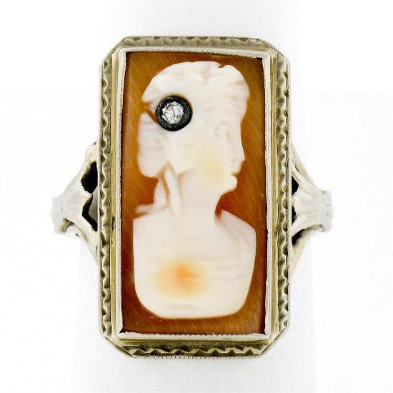 Antique 18K White Gold Rectangular Carved Shell Cameo Diamond Etched Frame Ring