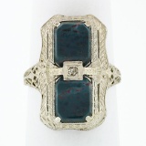 Antique Art Deco 14k White Gold Dual Bloodstone & Diamond Etched Filigree Ring