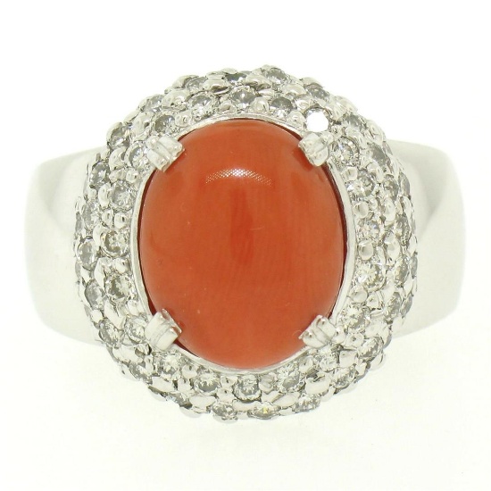 14k White Gold Oval Cabochon Red Coral Ring w/ 2.10 ctw Diamond Halo