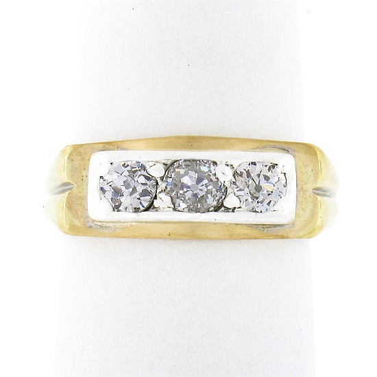 Antique Edwardian 14k Gold & Silver 0.75 ctw Old Mine Diamond Wedding Band Ring