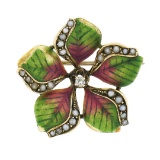 Antique Art Nouveau 10k Gold Diamond Seed Pearl Enamel Flower Petal Brooch Pin