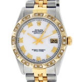 Rolex Mens 2 Tone White Roman Dial Pyramid Diamond Bezel Datejust Wristwatch 36M