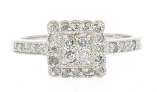 Solid 14k White Gold 0.50 ctw Round Diamond Petite Square Cluster Cocktail Ring