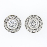 NEW 14k White Gold 0.83 ctw Round Bezel Diamond w/ Halo & Milgrain Stud Earrings