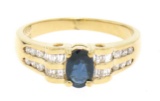 18k Yellow Gold .94 ctw Solitaire Oval Sapphire w/ Baguette & Round Diamond Ring