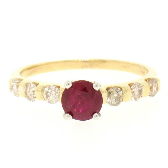 14k Yellow & White Gold 0.95 ctw Round Ruby Solitaire & Diamond Engagement Ring