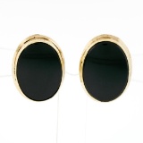 Vintage 14k Yellow Gold Bezel Set Oval Black Onyx Button Screw-On Earrings