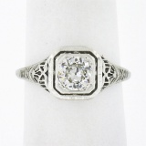 Antique Art Deco 18k Gold European Diamond Solitaire w/ Filigree Engagement Ring