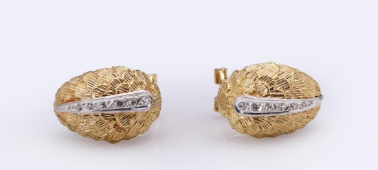 Pair Italian 18K Gold & Diamond Earrings