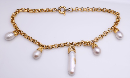 Italian 18K Gold Pearl & Diamond Designer Necklace