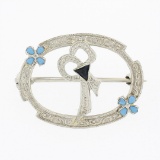 Antique Art Deco 14K White Gold Sapphire Enamel Bow Oval Etched Frame Brooch Pin
