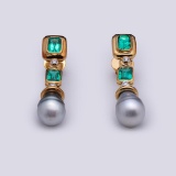 Pair of Elaborate 18K Yellow Gold Pearl, Diamond & Gilson Emerald earrings