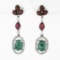 18K White Gold 4.15 ctw Cabochon Emerald w/ Ruby Diamond Halo Drop Dangle Earrin