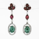 18K White Gold 4.15 ctw Cabochon Emerald w/ Ruby Diamond Halo Drop Dangle Earrin