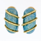 Vintage 18k Yellow Gold Textured Baby Blue Enamel Twisted Wire Dome Earrings