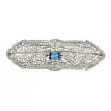 Antique Art Deco 14k White Gold Aquamarine & Diamond Open Filigree Wide Bar Pin